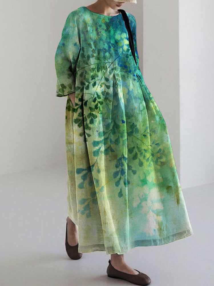 Classy Leaves Watercolor Linen Blend Maxi Dress