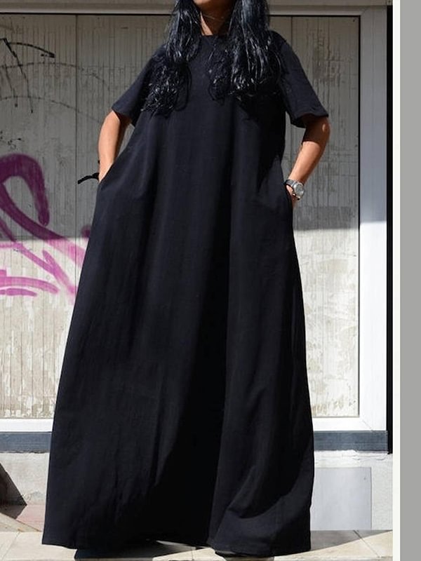 Simple Casual Loose Black Short Sleeve Maxi Dress