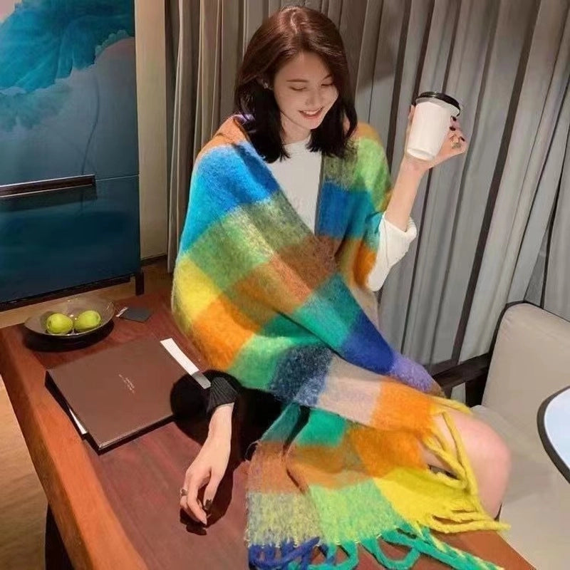 Rainbow Plaid Tassel Scarf For Women Autumn And Winter Famous Color Matching Cashmere Mohair Shawl Thickened Scarf