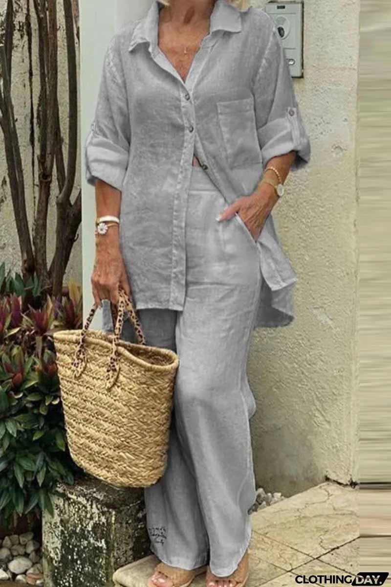 Casual Solid Patchwork Turndown Collar Long Sleeve Two Pieces