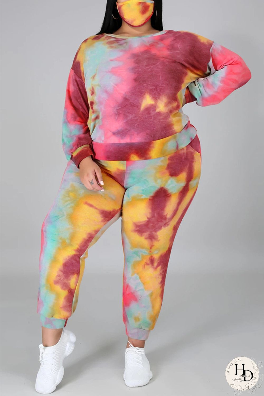 Dark Blue Fashion Casual Print Tie Dye Tie-dye Backless O Neck Plus Size Set