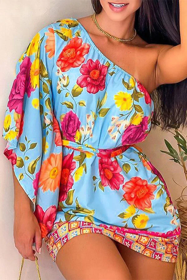 Floral Print Tropical One Shoulder Mini Dress
