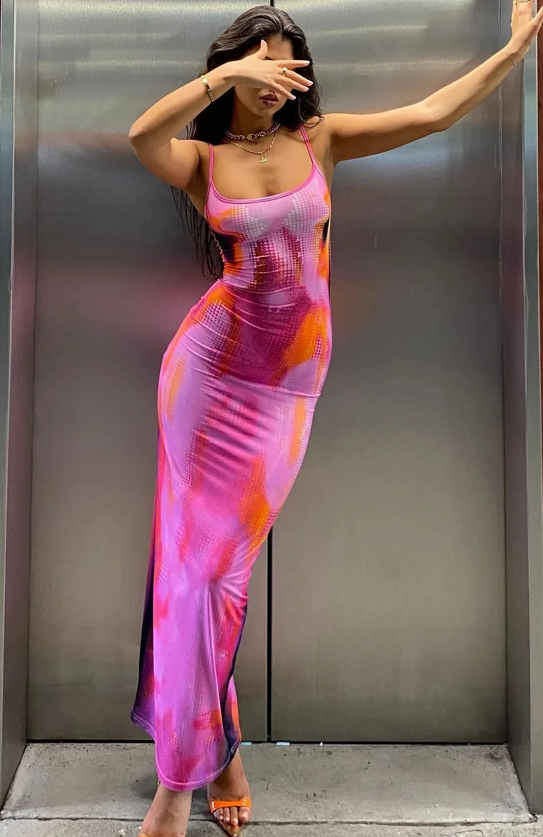 Brownm Sexy Abstract Digital Print Slim-fit Sheath Dresses