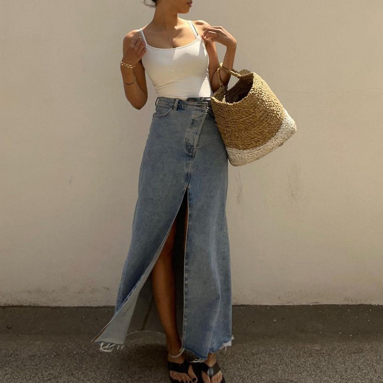Ootddress 2025 New Casual High Waist Denim Skirts Women Spilt Out Maxi Jean Skirt Summer Holiday Long Skirts