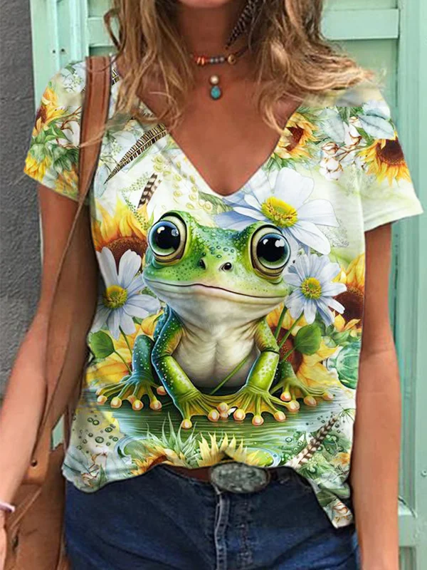 Comstylish Cute Frog And Sunflower V Neck T Shirt