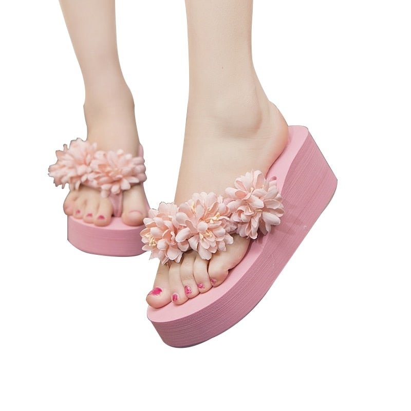 New Handmade Women Sandals Fashion Flower Summer Sandals Women Wedges Flip Flops Platform Beach Non-Slip Flowers Slippers Shoes