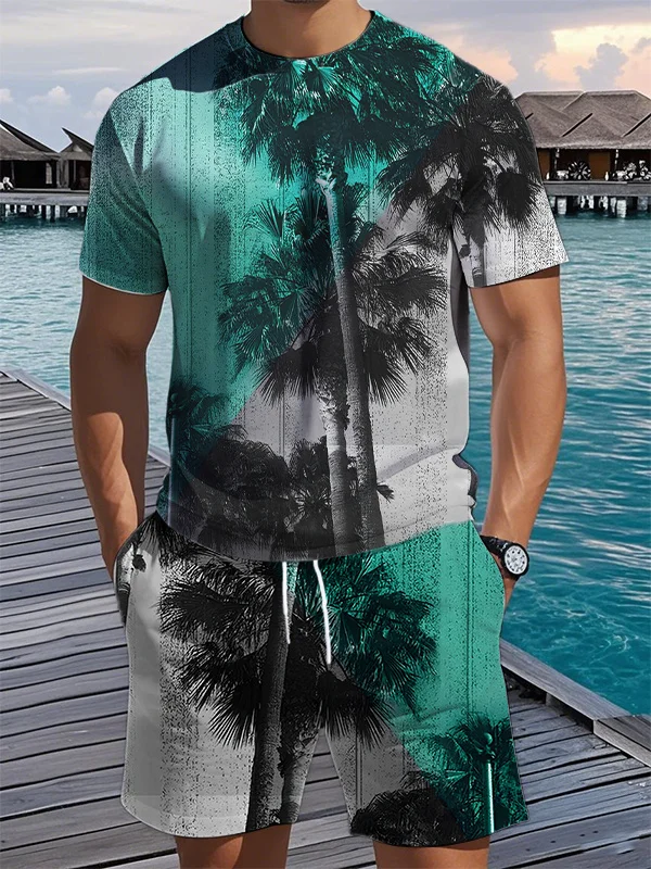 Men's Contrasting Color Tropical Tree Art Print T-Shirt Shorts Set