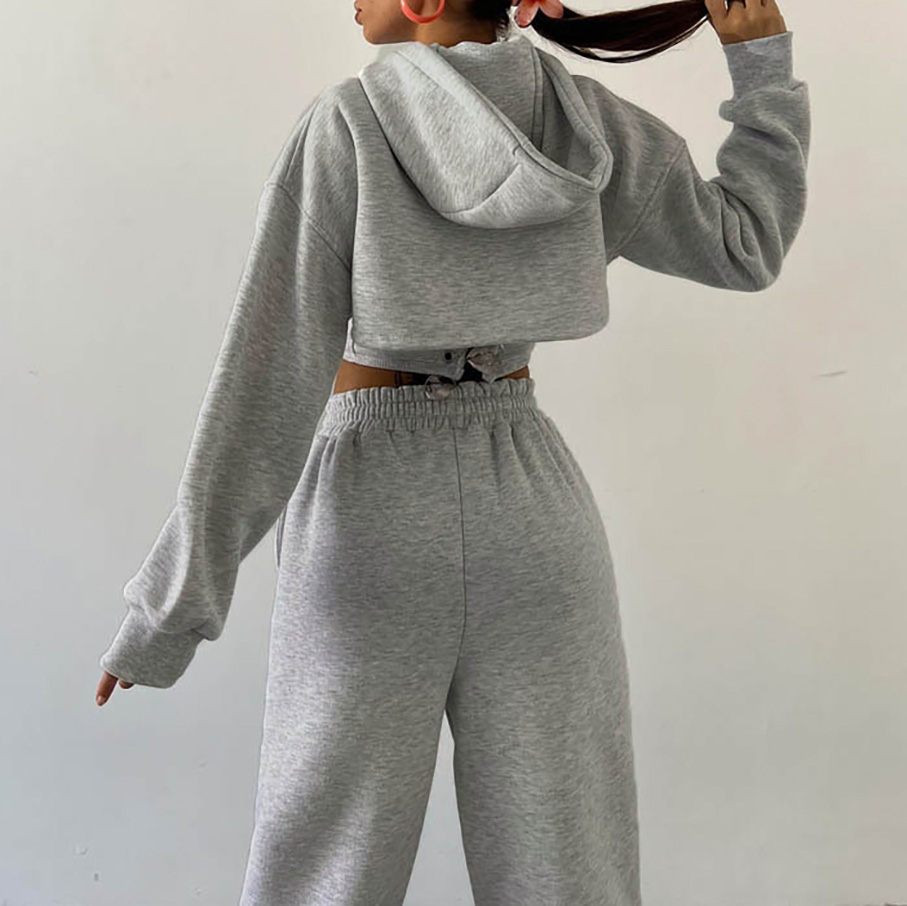 Drawstring Hooded Short Sweatshirt Drawstring Pants 3-Piece Set