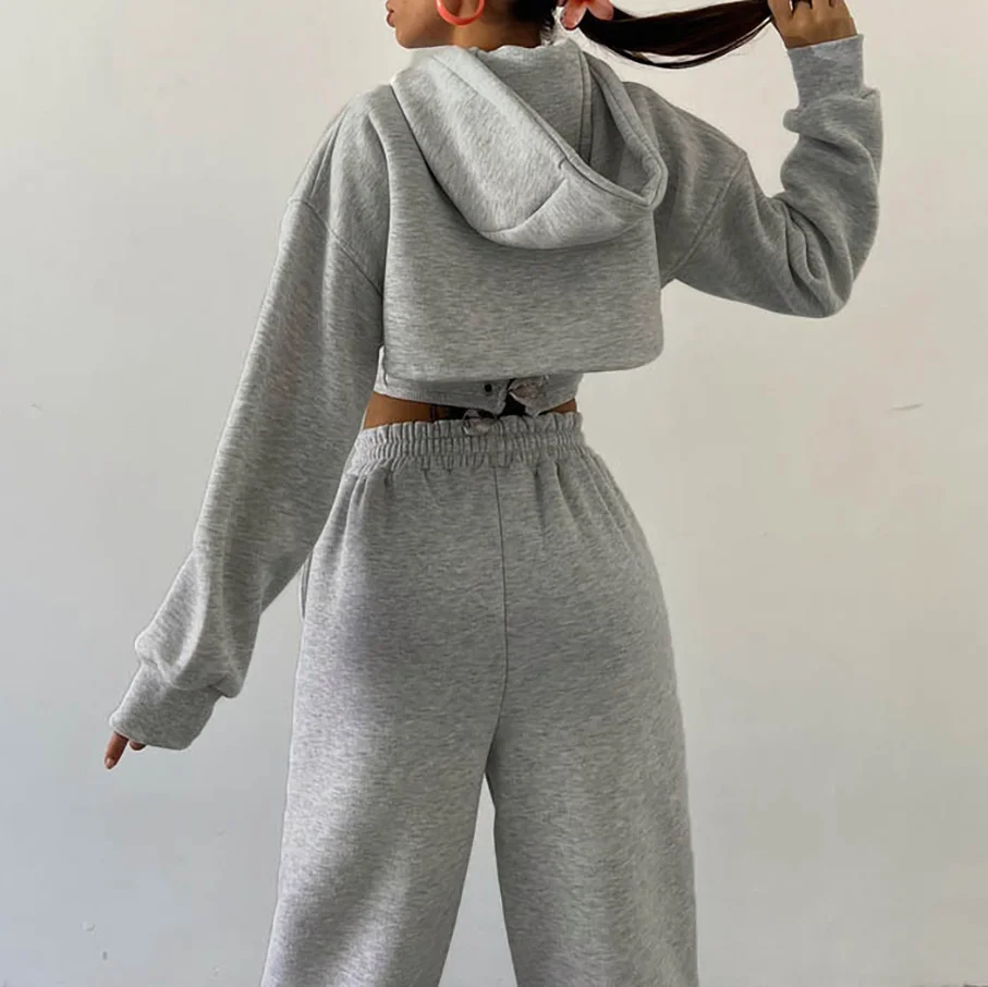 Drawstring Hooded Short Sweatshirt Drawstring Pants 3-Piece Set