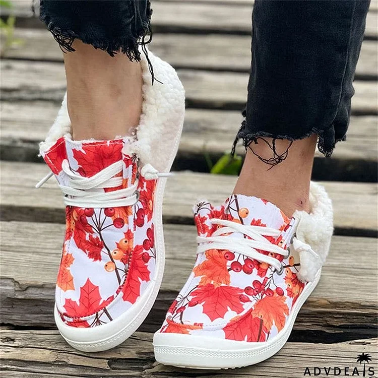 Super Cute Painting Keep Warm Lace Up Women Cotton Cloth Loafers