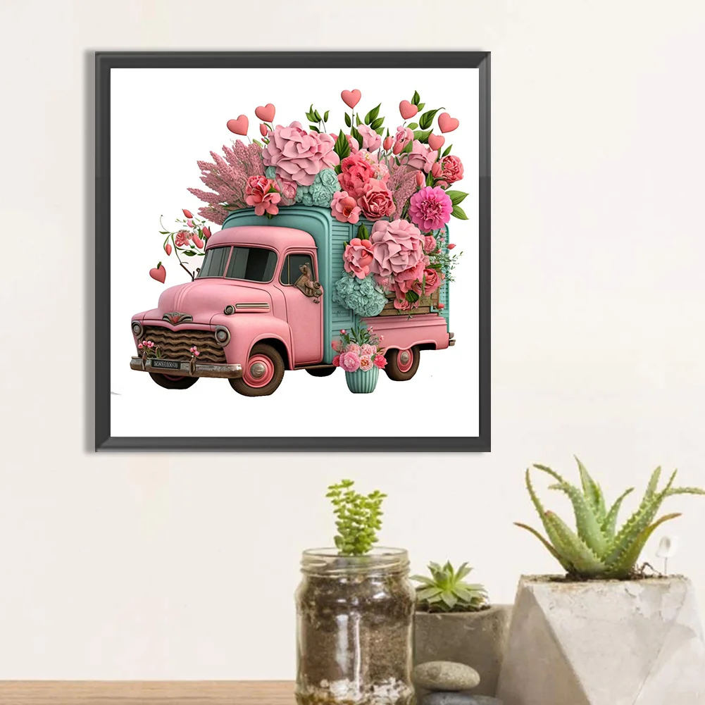 Full Round Diamond Painting 30*30cm - Pink Flower Classic Car