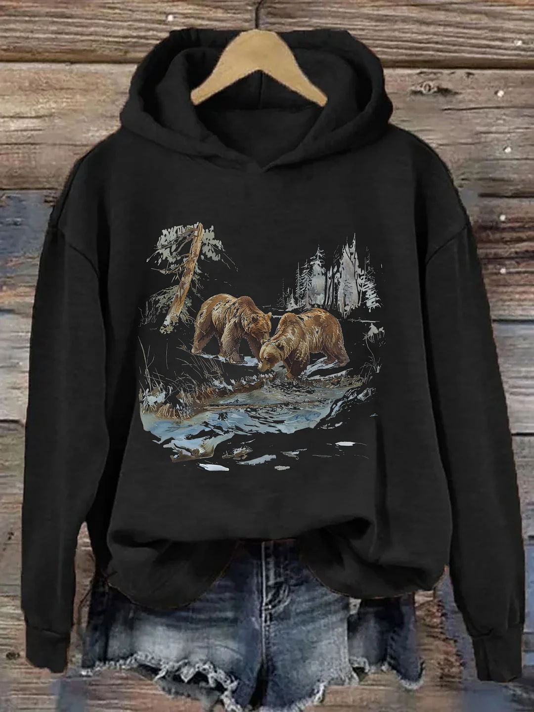 Retro Grizzly Bears Wilderness Scene Hoodie