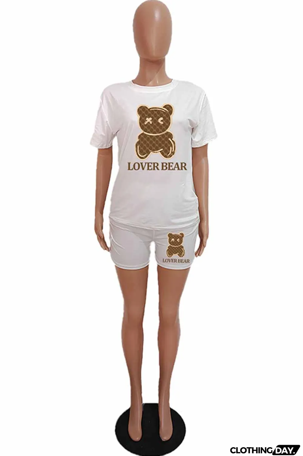 Purple Casual Print Letter O Neck Short Sleeve Two Pieces