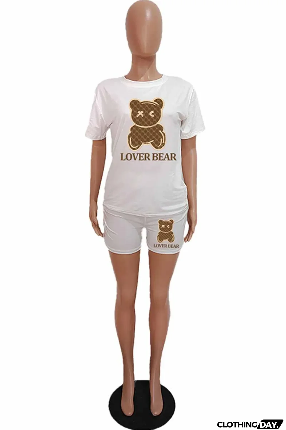 Purple Casual Print Letter O Neck Short Sleeve Two Pieces