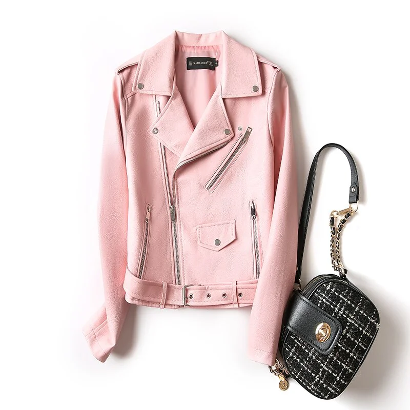 FTLZZ 2021 Spring Women New Yellow Faux Leather Jackets Motorcycle Biker Pink Black Outerwear with Belt Lady Pu Leather Jacket