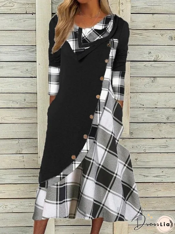 Women's Dresses Check Panel Button Pocket Long Sleeve Dress