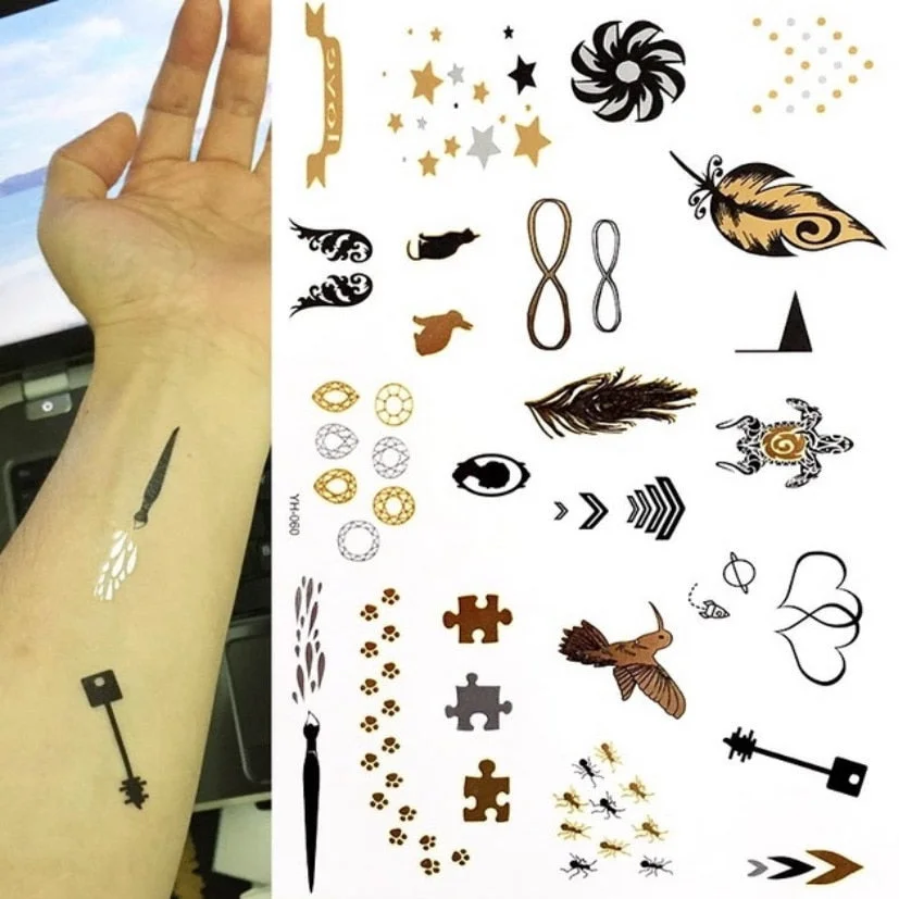 Women Body Art Gold Silver Metallic Tattoo Sticker Chain Bracelet Fake Jewelry Waterproof Temporary Tattoo Arm Sleeve Hand Wrist