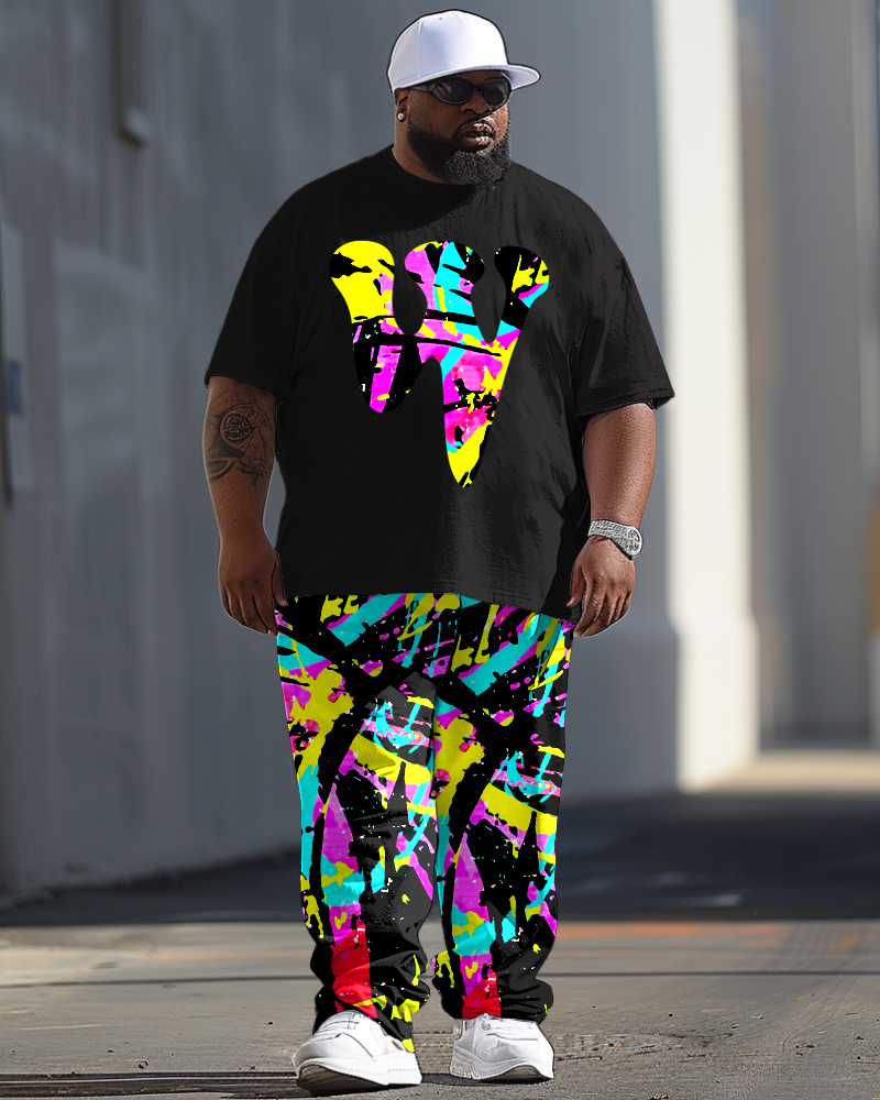 Men's Plus Size Casual Collision Color Letter Pattern Printed T-shirt Trousers Suit
