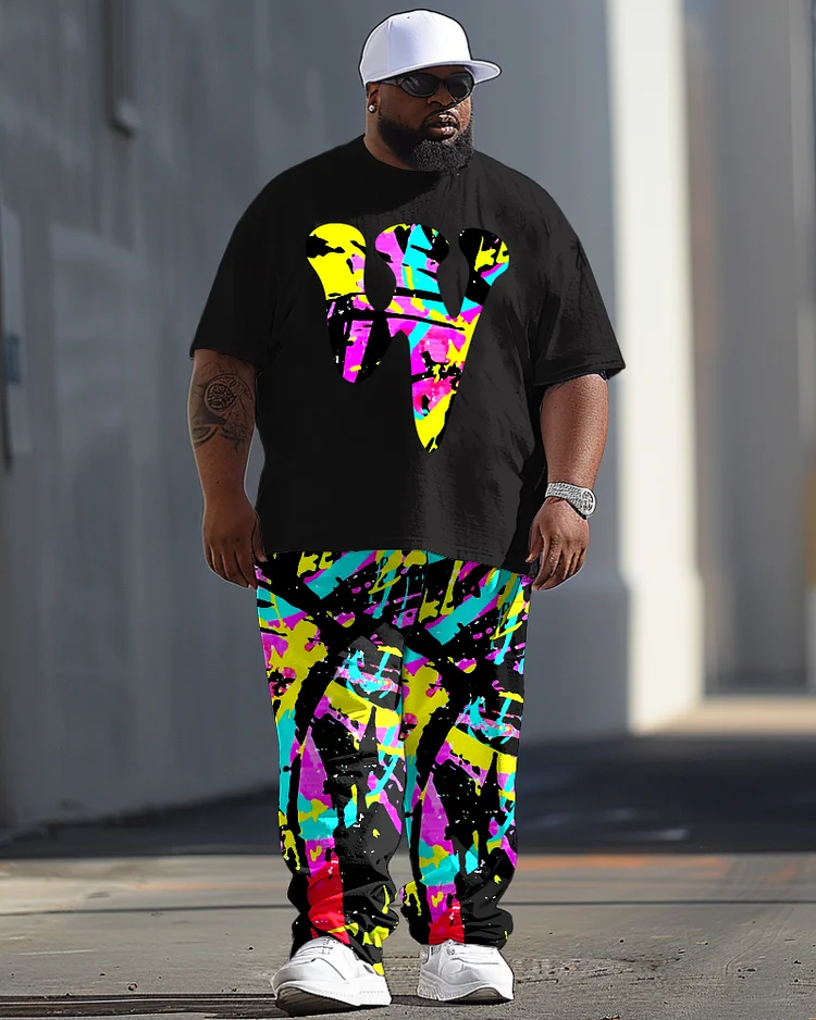 Men's Plus Size Casual Collision Color Letter Pattern Printed T-shirt Trousers Suit