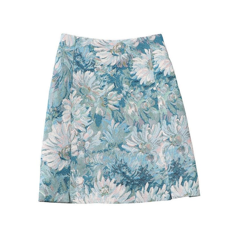 Oil painting flower print French elegant temperament skirt 2022 spring and summer new high waist split A-line bag hip mini skirt