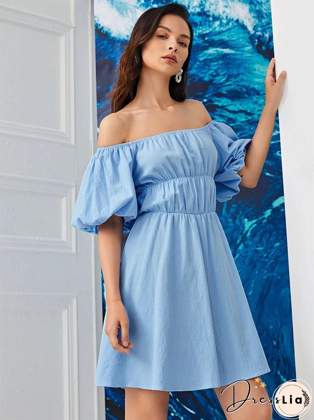 Sky Blue Dress Casual One Line Collar Dress Ins Style