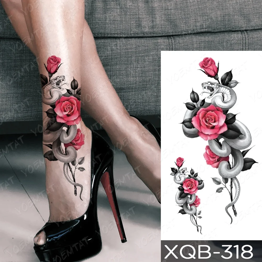 Waterproof Temporary Tattoo Sticker Rose Snake Flower Tattoos Lace Tiger Dragon Body Art Arm Fake Sleeve Tatoo Women