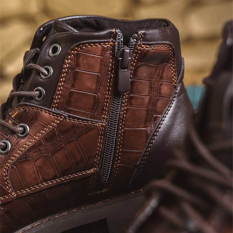 Men's Waterproof Wear-resistant Stitching Lace-up Crocodile Pattern Upper Low-cut Work Boots