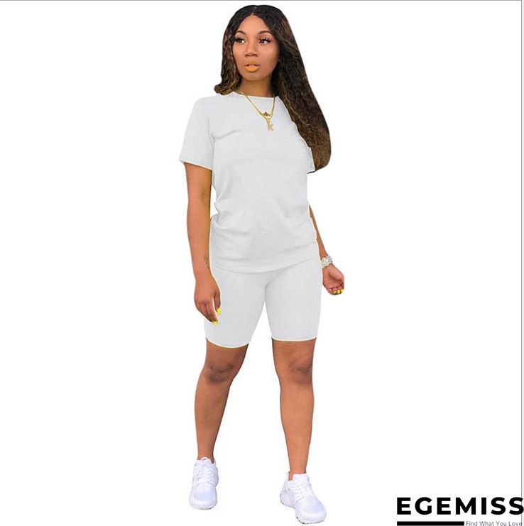 White Fashion Casual Slim fit Two Piece Suits Solid Regular Short Sleeve Two-Piece Short Set | EGEMISS