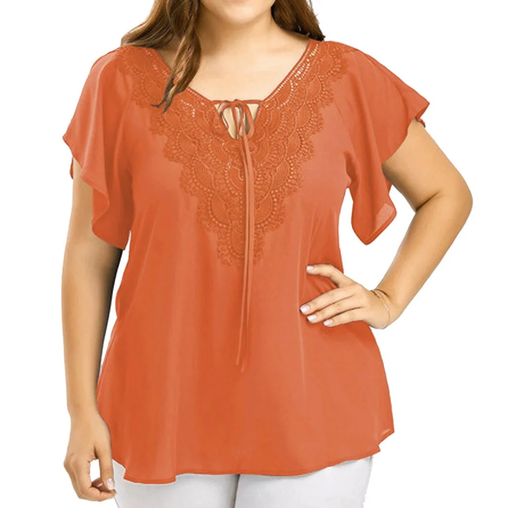 Plus Size Summer Fashion Patchwork Lace up Blouse Ladies Tops Loose Top Female Women Half Sleeve Shirt Blusas Femininas Pullover