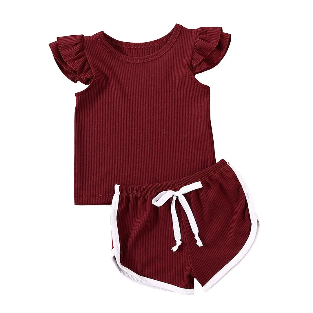 2020 Baby Summer Clothing 2PCS Newborn Kids Baby Girl Clothes Ruffled Sleeve Shirt Top Pants Shorts Kintted Ribbed Outfit Set