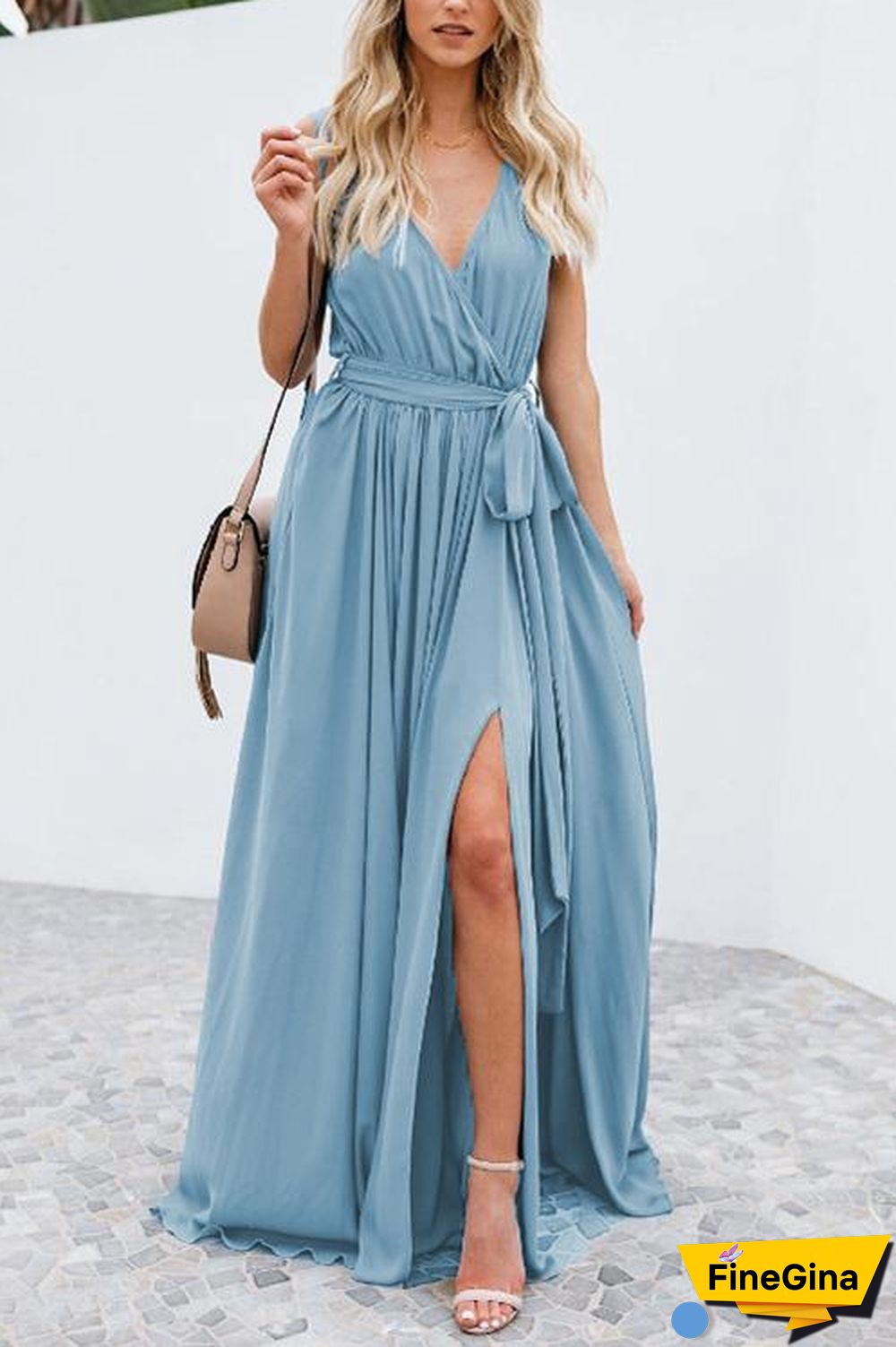 V Neck Sleeveless Slit Wrap Maxi Dress
