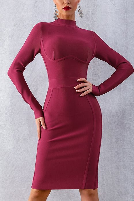 Solid High Neck Bandage Dress With Long Sleeves - BlackFridayBuys