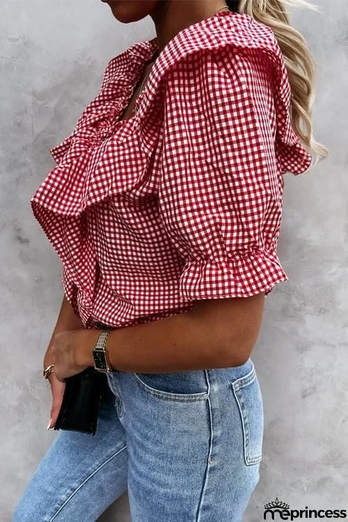 Plaid Ruffles V Neck Puff Sleeve Blouse