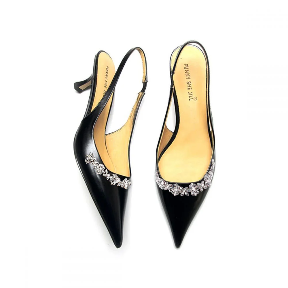 Timeless Leather Pointed Toe Slingback Pumps Rhinestone Decor Kitten Heels Nicepairs