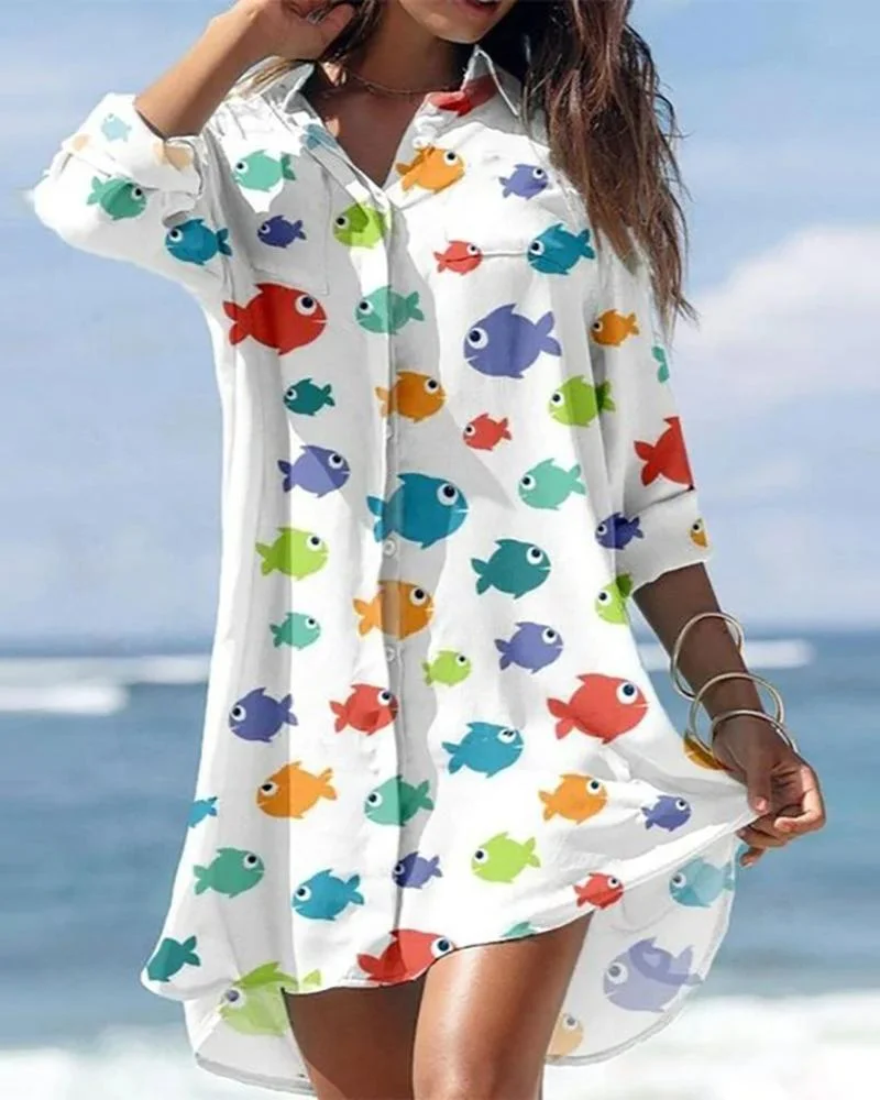 Casual Long Sleeve Printed Shirt Dress