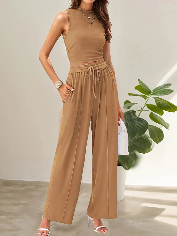 Athvotar Athvotar Summer Knitting Casual Suit Sleeveless Round Collar Short Repair Body Broad Leg Pants Two Sets