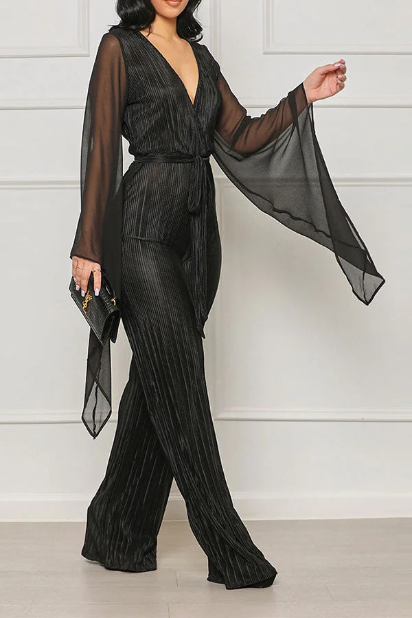 Solid Color Chic Belted Pleated Jumpsuit
