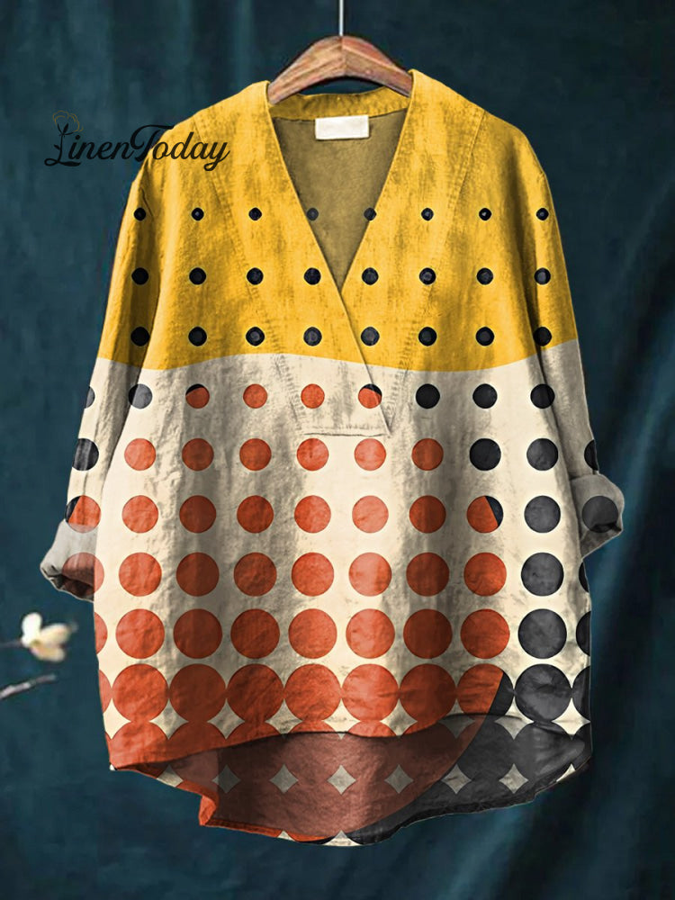 Women’s Bohemian Polka Dot Abstract Art Print Casual Cotton And Linen V-Neck Shirt Multicolor / S