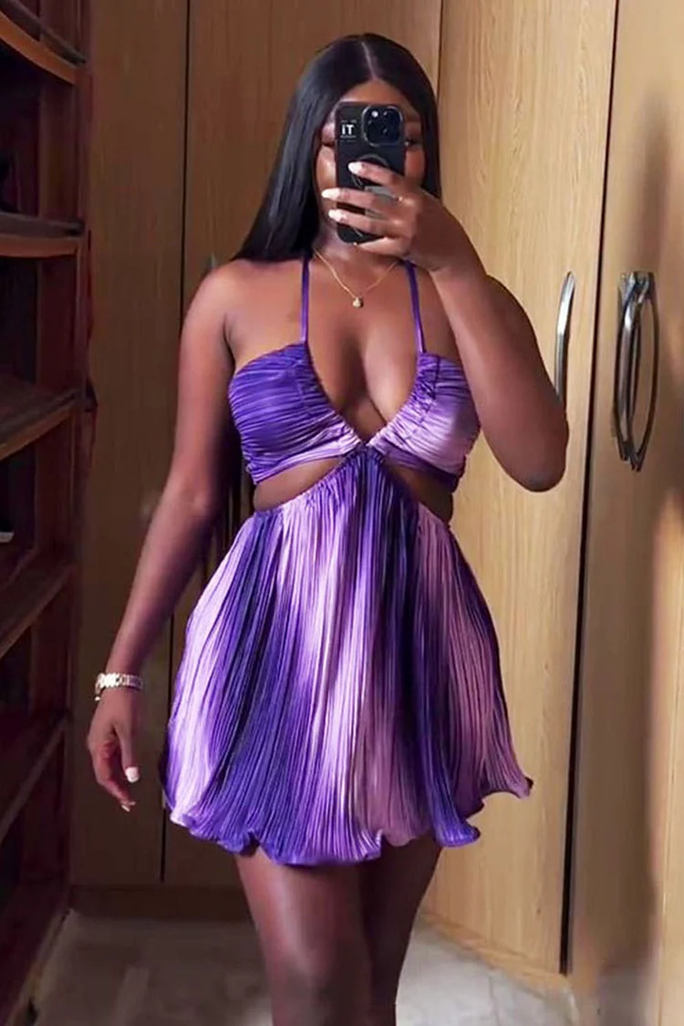Halter Wrinkle Cutout Ombre Print Vacation Mini Dresses-Purple [Pre Order]