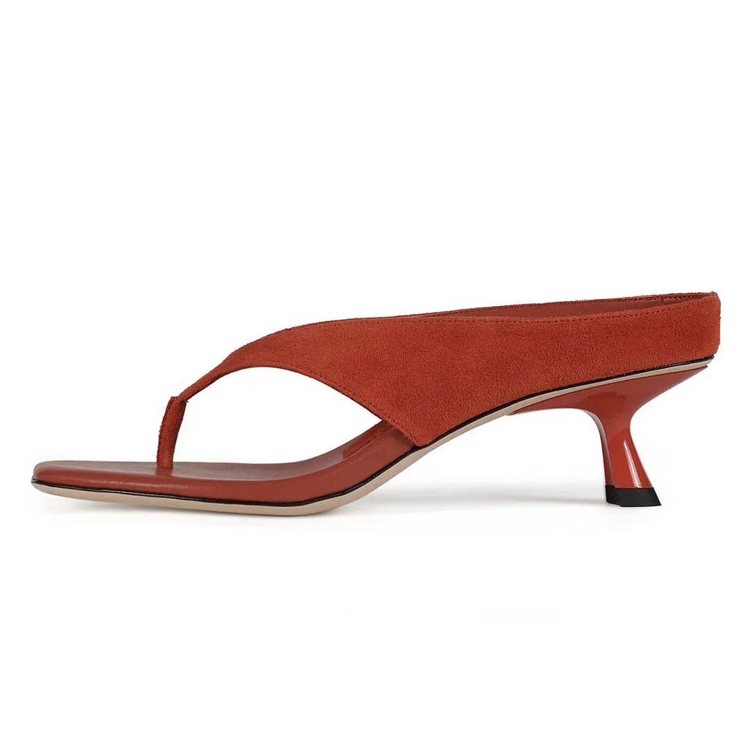 Burgundy Open Square Toe Flip Flop Patchwork Spool Heeled Sandals