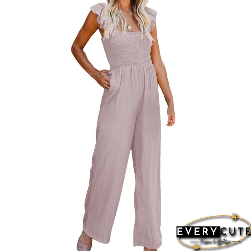 Pink Ruffle Sleeveless Pocketed Wide Leg Jumpsuit