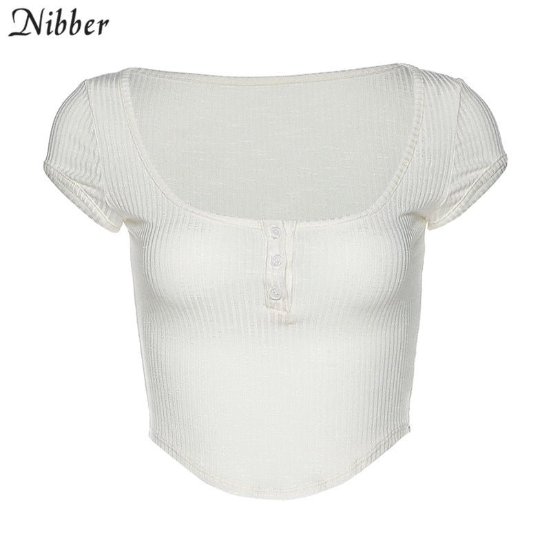 Nibber harajuku simple white slim fit soft woman tshirt croptop summer casual Basic streetwear female pure square collar tee top