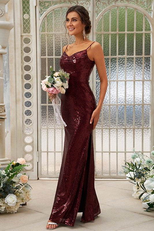 Bellasprom Burgundy Sequins Bridesmaid Dress Mermaid With Split Spaghetti-Straps