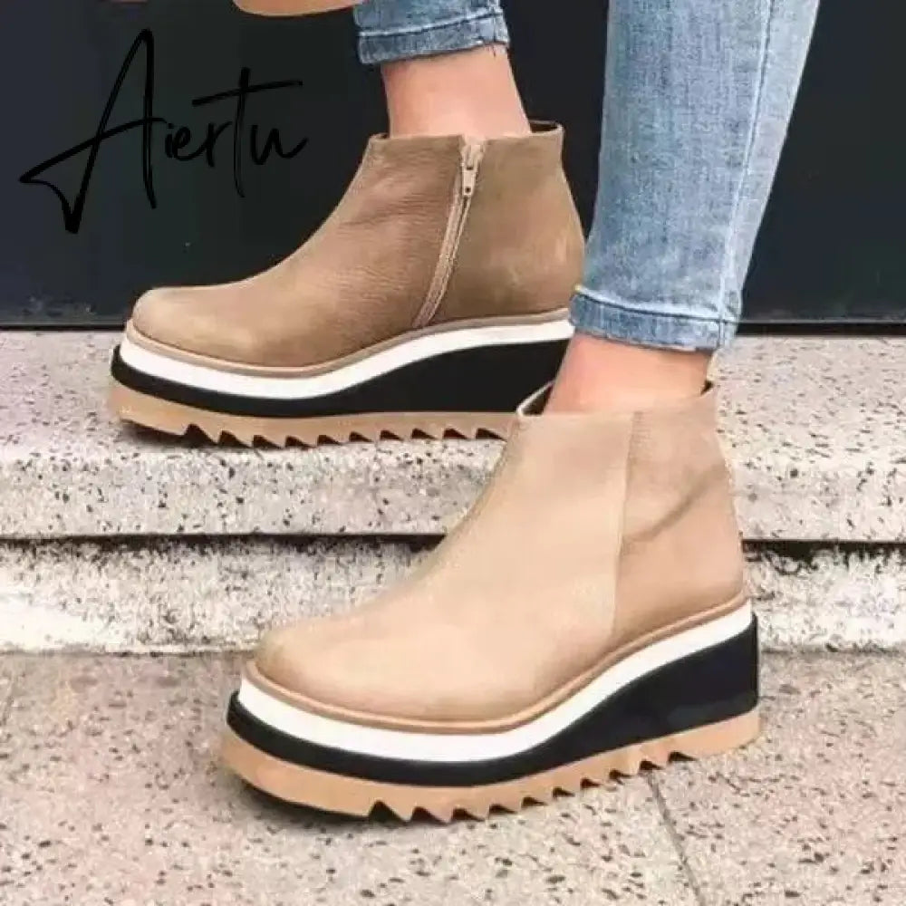Leather Boots Women Platform Heels Ankle Boots Wedges Casual Fashion Booties Woman Punk Thick Bottom Shoes Zapatos De Mujer Aiertu