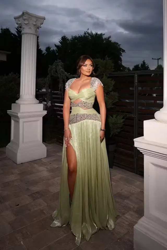Lussooy Stunning Sage Sweetheart Beaded Short Sleeves Rhinestone Split Prom Dress 