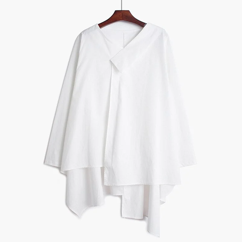 [EAM] Women Black Irregular Big Size Blouse New V-collar Long Sleeve Loose Fit Shirt Fashion Tide Spring Autumn 2021 1DC962