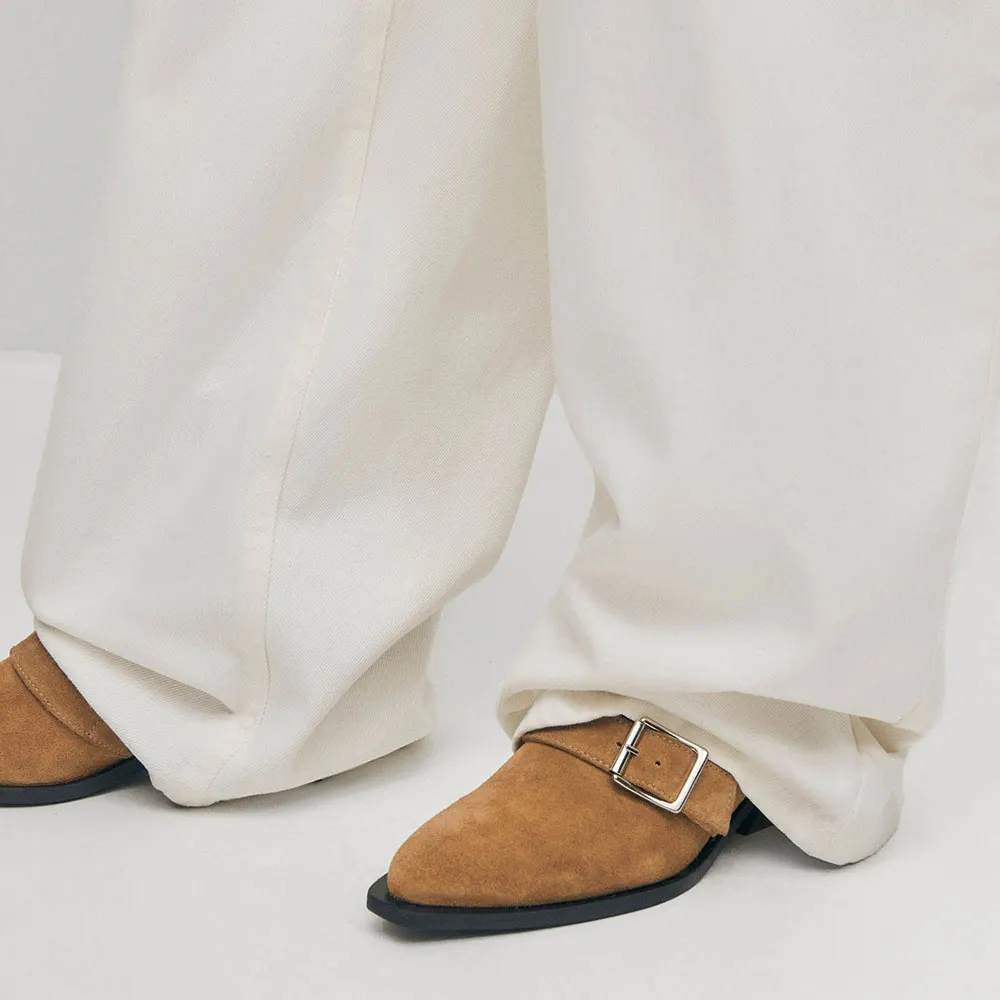 Tan Vegan Suede Slip On Low Block Heel Short Pointed Toe Boots