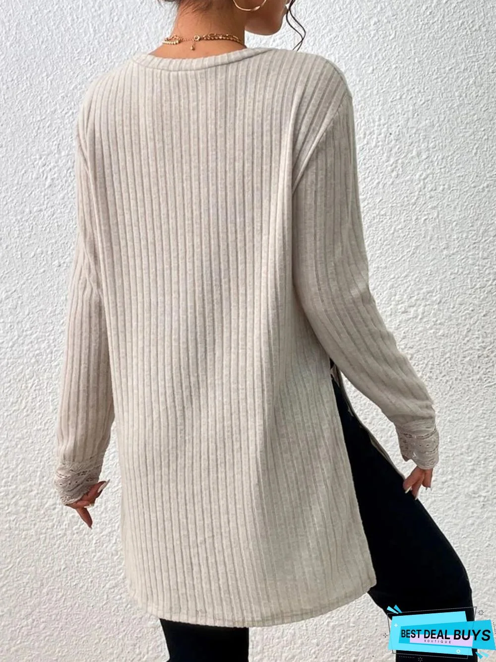 Plain Lace Long Sleeve Crew Neck Casual T-Shirt