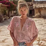 Women's Pink Roses Embroidered Art V-neck Short Sleeve Linen Blend T-shirt - Image 2