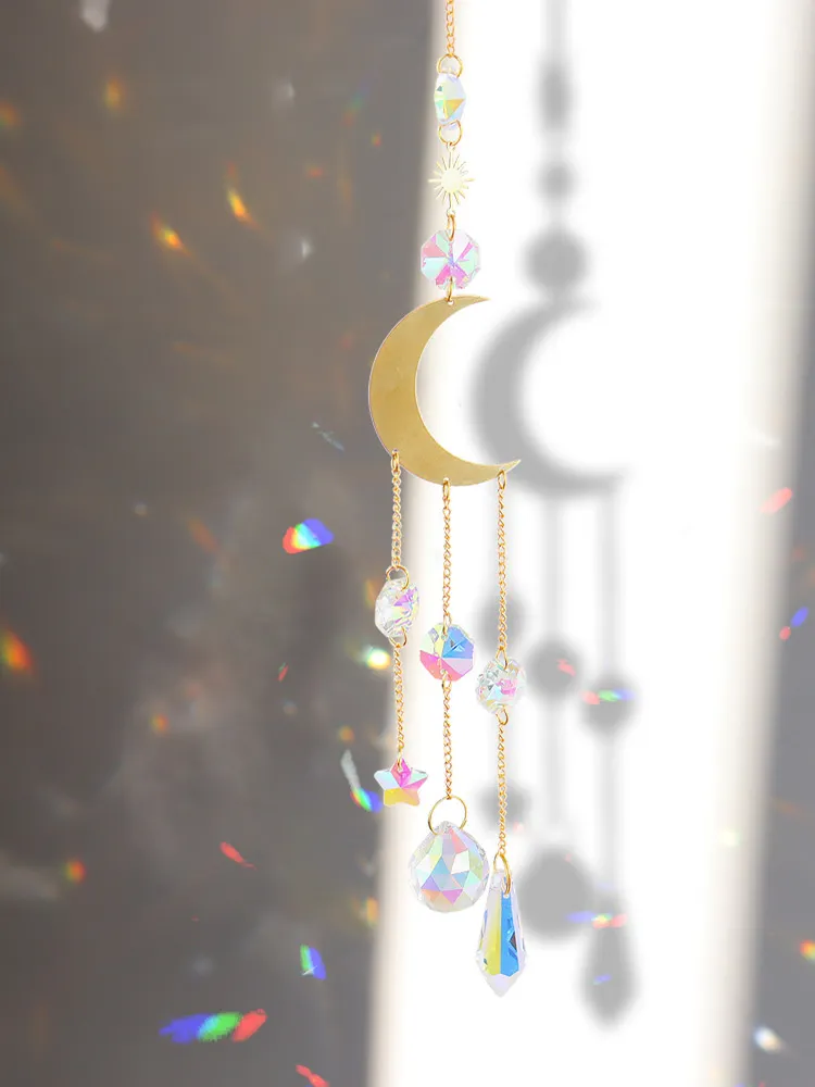 1/4pcs Hanging Crystal Light Catcher Metal Moon Sun Garden Wall Wind Chime